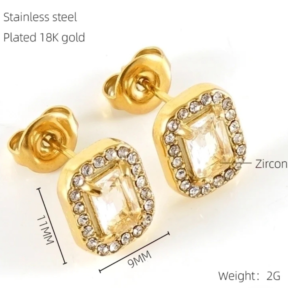 Buy Now 18K Gold Plated Square Earrings With Rhinestones - Stainless Steel - NEW